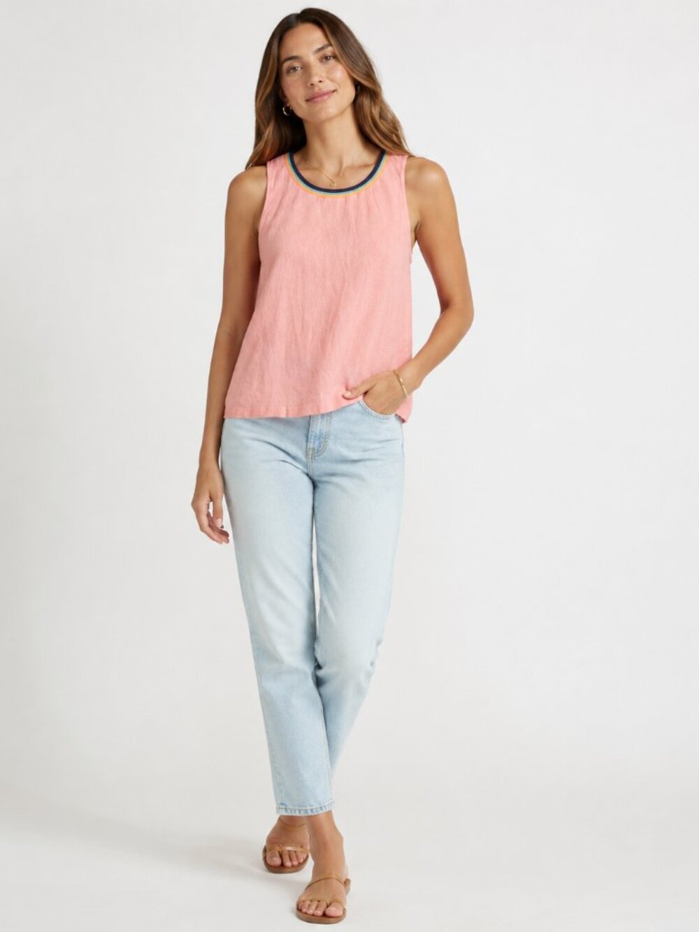 Splendid x Gray Malin Linen Rainbow Trim Pink Tank muscle Top Summer Coastal M